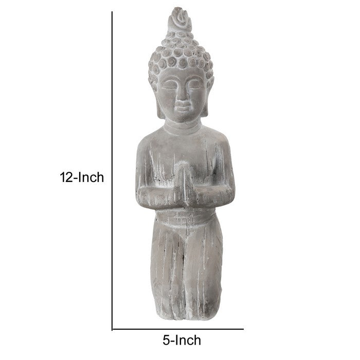 Kneeled Cement Buddha Figurine Meditating in Anjali Mudra Position, Gray