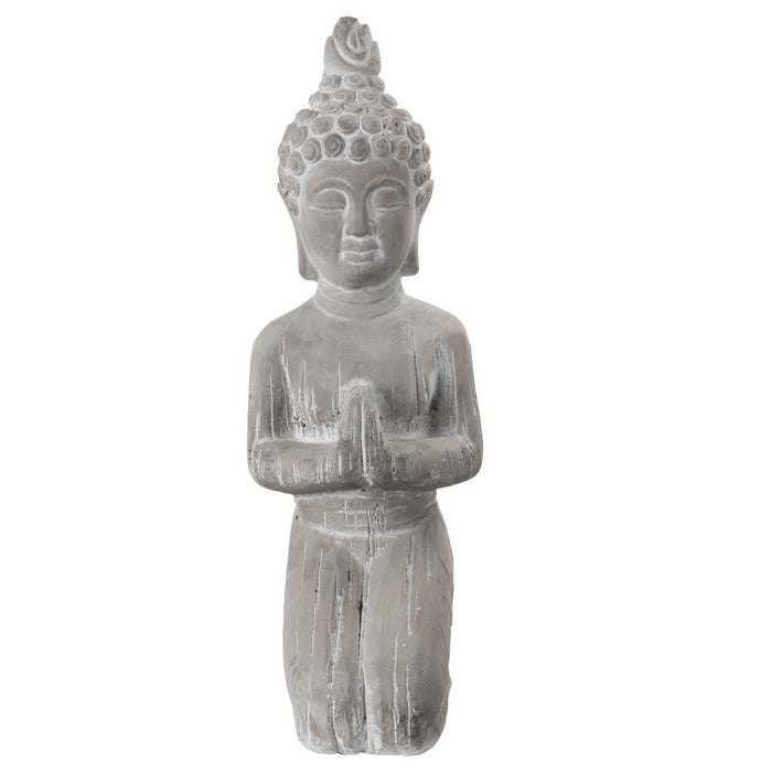 Kneeled Cement Buddha Figurine Meditating in Anjali Mudra Position, Gray