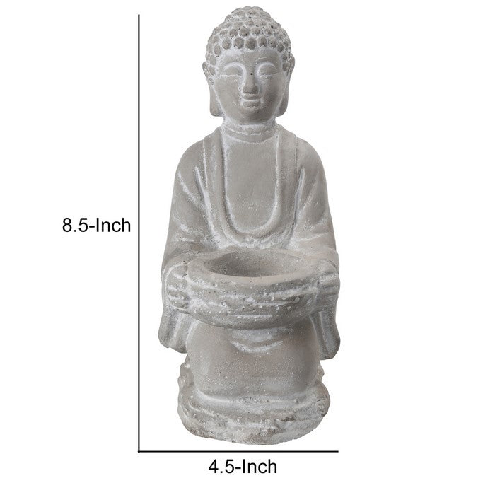 Kneeled Cement Buddha Figurine with Front Candle Holder, Gray