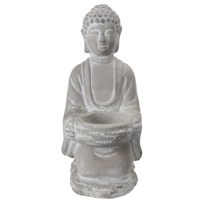 Kneeled Cement Buddha Figurine with Front Candle Holder, Gray