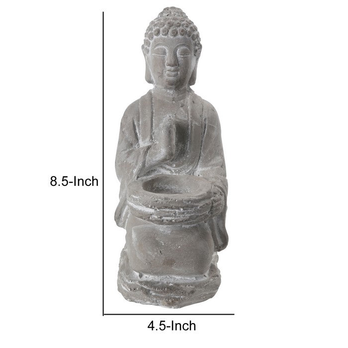 Karana Mudra Position Buddha Figurine with Front Candle Holder, Gray