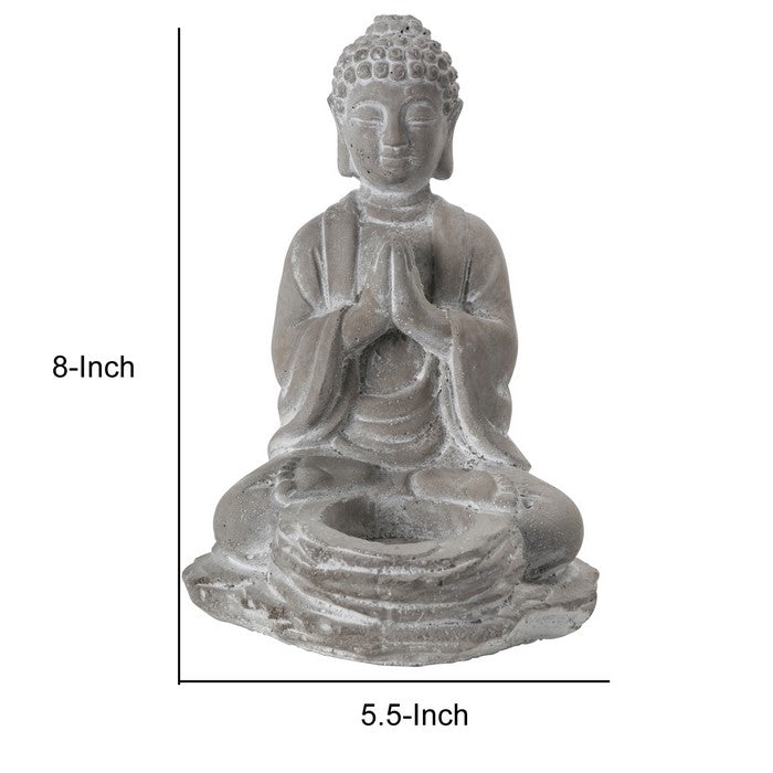 Anjali Mudra Position Buddha Figurine with Front Candle Holder, Gray