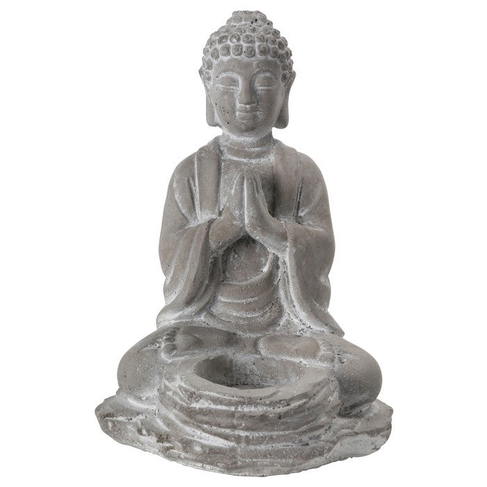 Anjali Mudra Position Buddha Figurine with Front Candle Holder, Gray