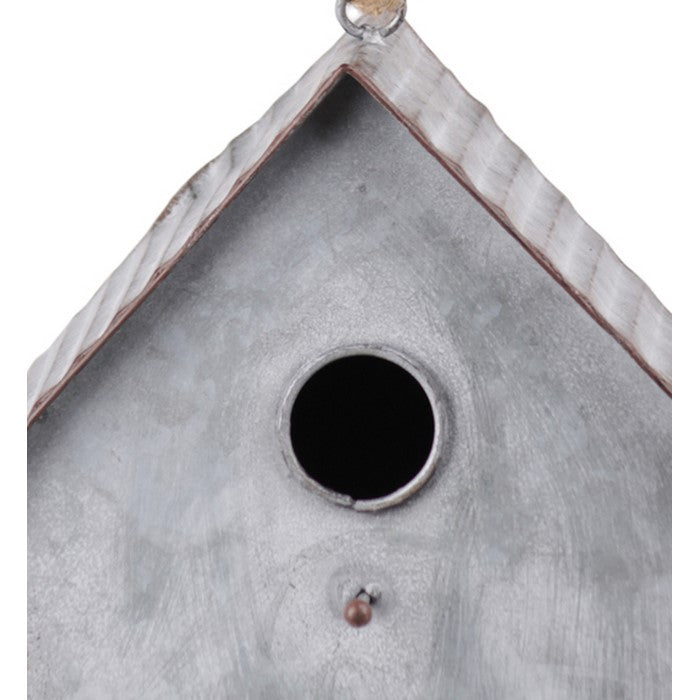 Gabled Roof Metal Bird House with Rope Hanger, Weathered Gray