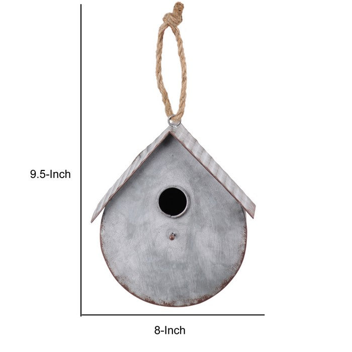 Gabled Roof Metal Bird House with Rope Hanger, Weathered Gray