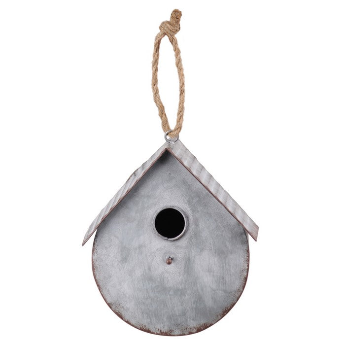 Gabled Roof Metal Bird House with Rope Hanger, Weathered Gray