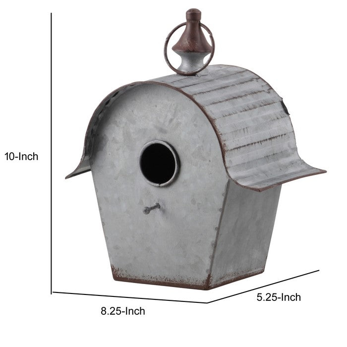Arched Roof Metal Bird House with Ring Hanger, Weathered Gray