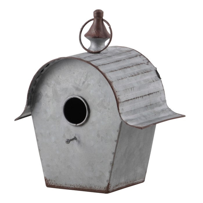 Arched Roof Metal Bird House with Ring Hanger, Weathered Gray