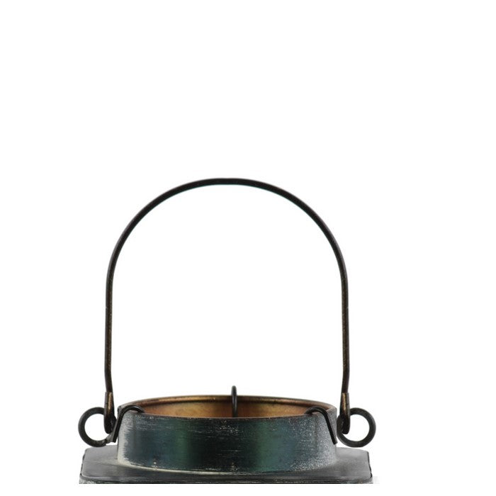 Square Shape Metal Lantern with Pierced Floral Design and Handle, Gray