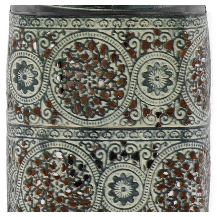 Square Shape Metal Lantern with Pierced Floral Design and Handle, Gray