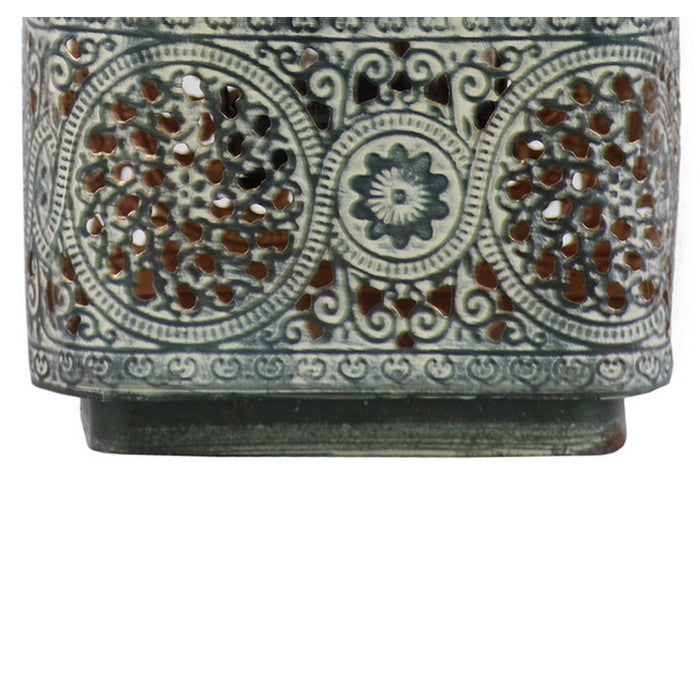 Square Shape Metal Lantern with Pierced Floral Design and Handle, Gray
