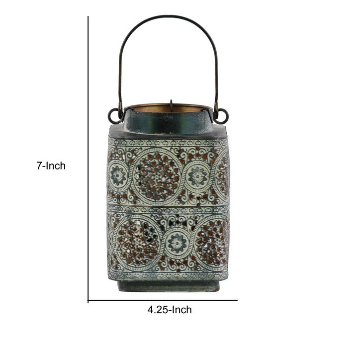 Square Shape Metal Lantern with Pierced Floral Design and Handle, Gray