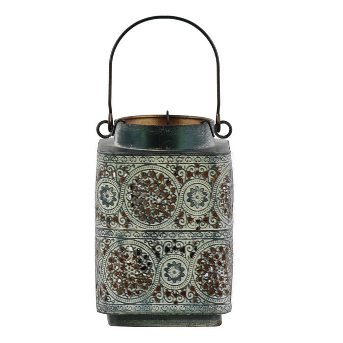 Square Shape Metal Lantern with Pierced Floral Design and Handle, Gray