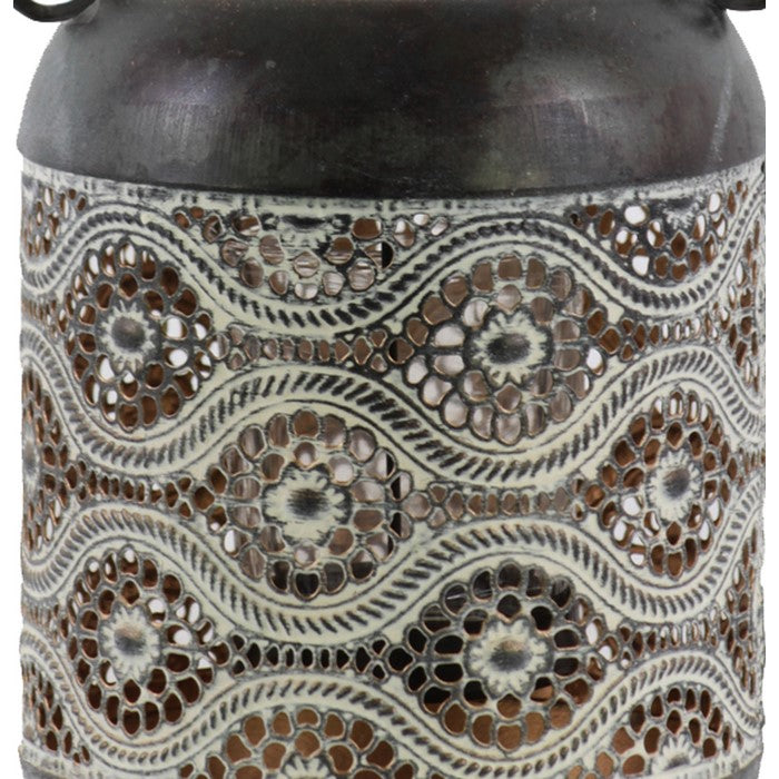 Cylindrical Shape Metal Lantern with Pierced Floral Design, Gray