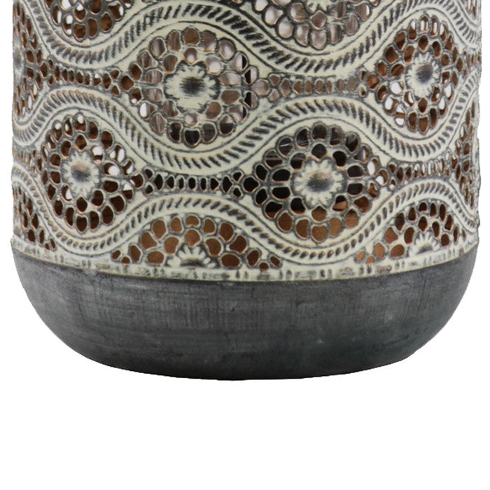 Cylindrical Shape Metal Lantern with Pierced Floral Design, Gray