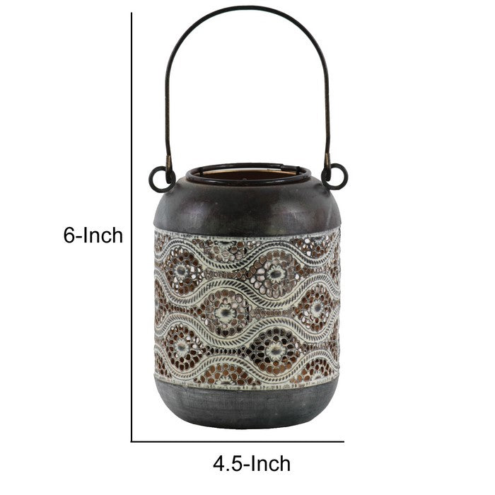 Cylindrical Shape Metal Lantern with Pierced Floral Design, Gray