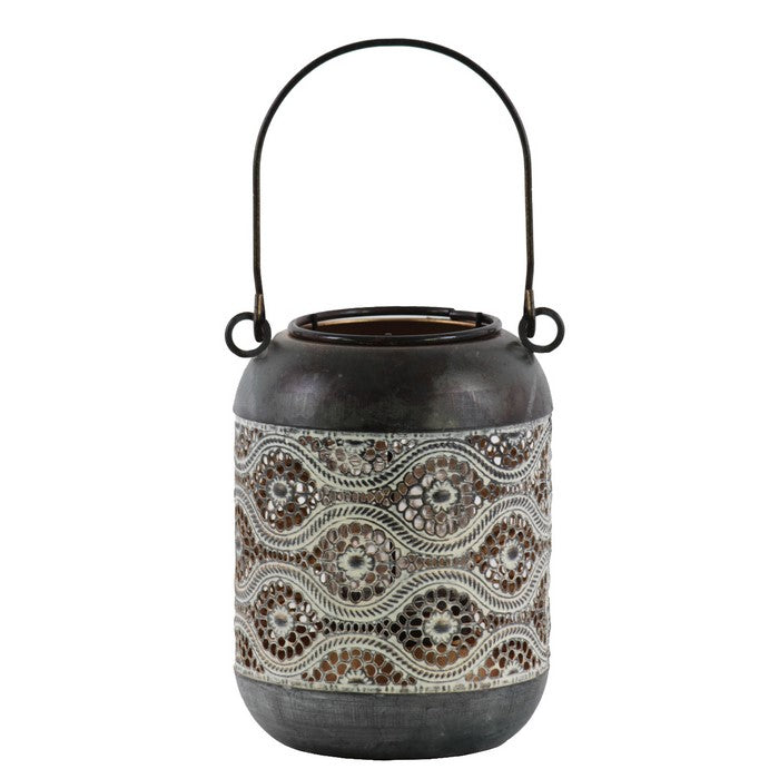 Cylindrical Shape Metal Lantern with Pierced Floral Design, Gray