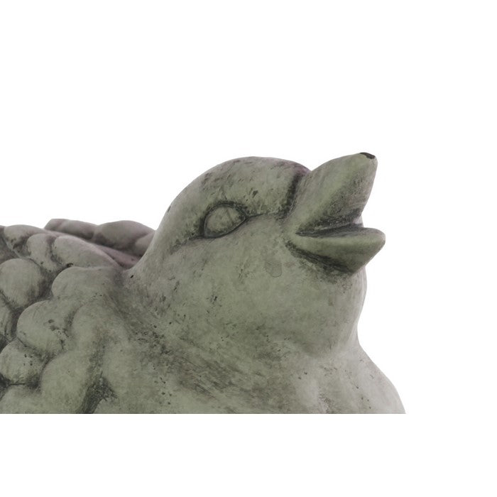 Cement Sitting Bird Figurine with Upward Faced Head and Open Beak, Gray
