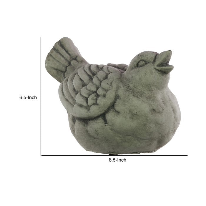 Cement Sitting Bird Figurine with Upward Faced Head and Open Beak, Gray