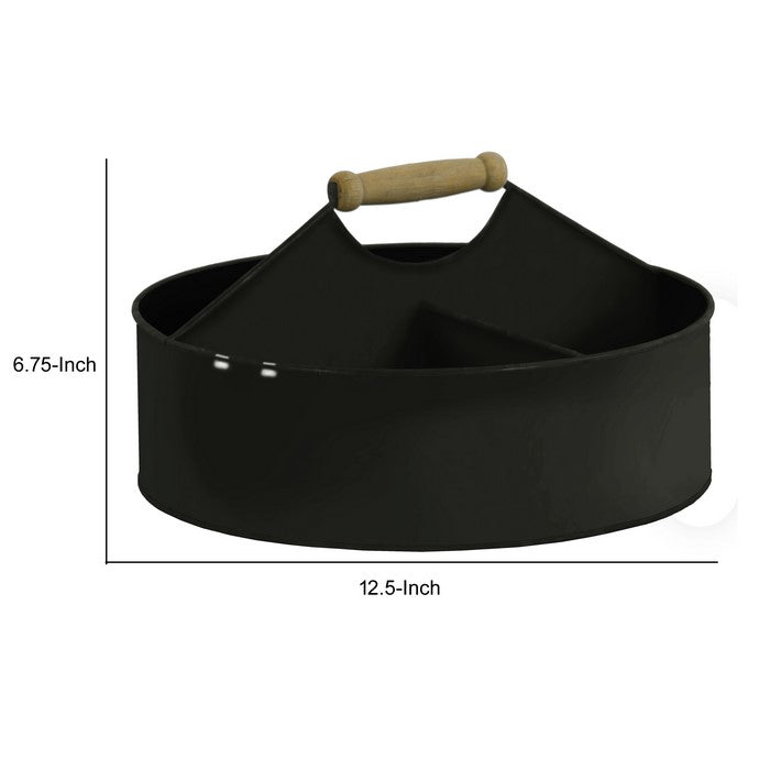 Round Metal Basket with 4 Slot Storage Space and Wooden Handle, Black