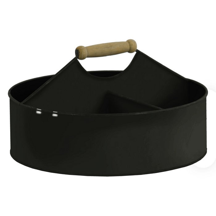 Round Metal Basket with 4 Slot Storage Space and Wooden Handle, Black