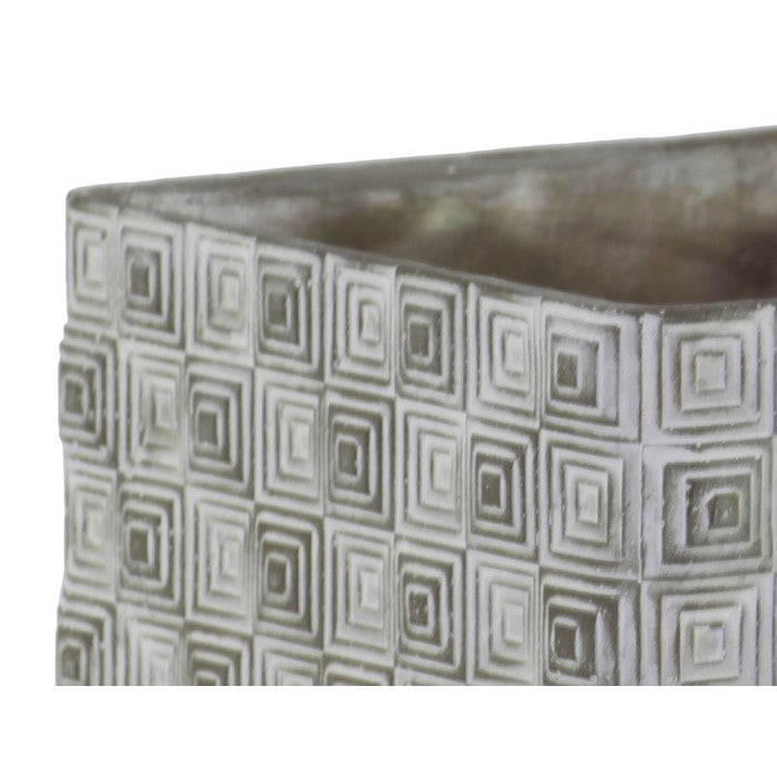 Square Cement Pot with Embossed Geometrical Rectangular Design, Large, Gray