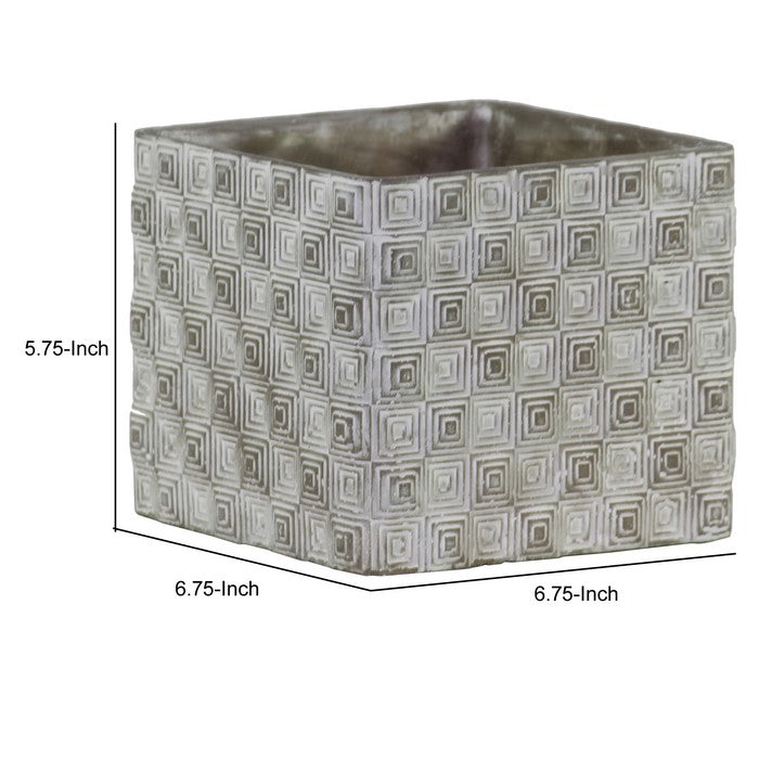 Square Cement Pot with Embossed Geometrical Rectangular Design, Large, Gray