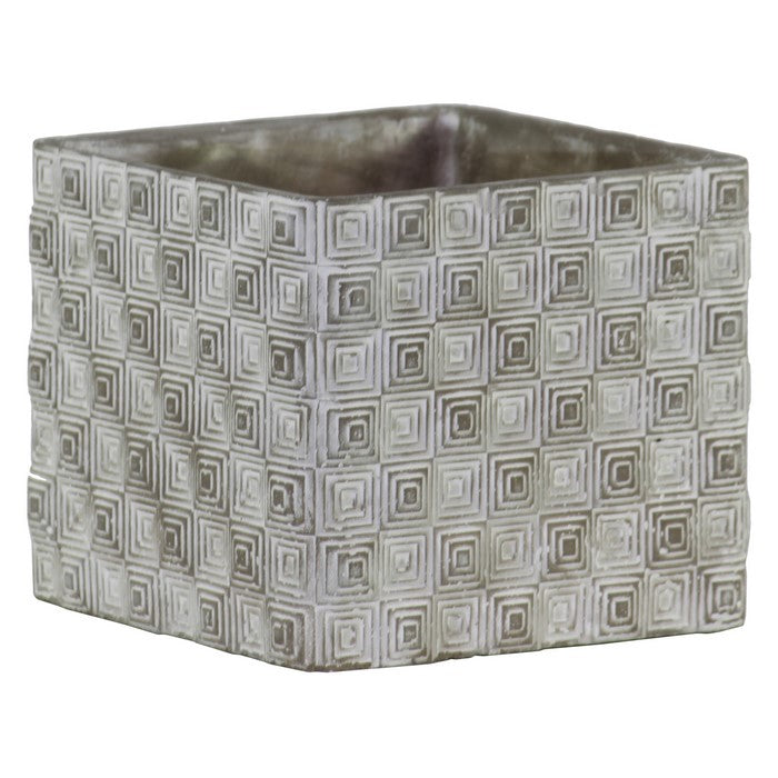 Square Cement Pot with Embossed Geometrical Rectangular Design, Large, Gray