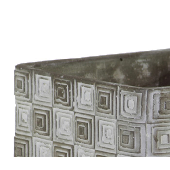 Square Cement Pot with Embossed Geometrical Rectangular Design, Small, Gray