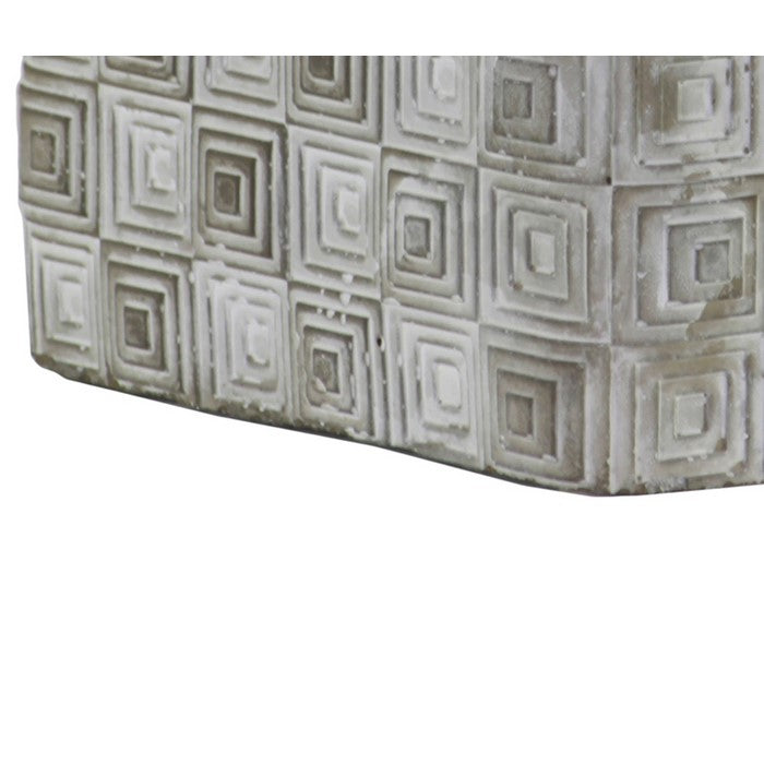 Square Cement Pot with Embossed Geometrical Rectangular Design, Small, Gray