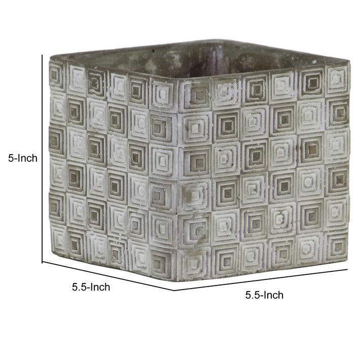 Square Cement Pot with Embossed Geometrical Rectangular Design, Small, Gray