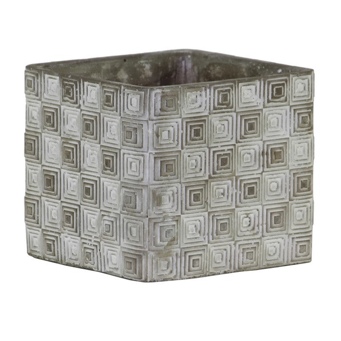 Square Cement Pot with Embossed Geometrical Rectangular Design, Small, Gray