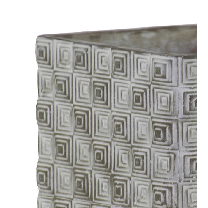 Square Cement Pot with Embossed Geometrical Rectangular Pattern, Large,Gray