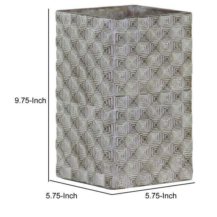 Square Cement Pot with Embossed Geometrical Rectangular Pattern, Large,Gray