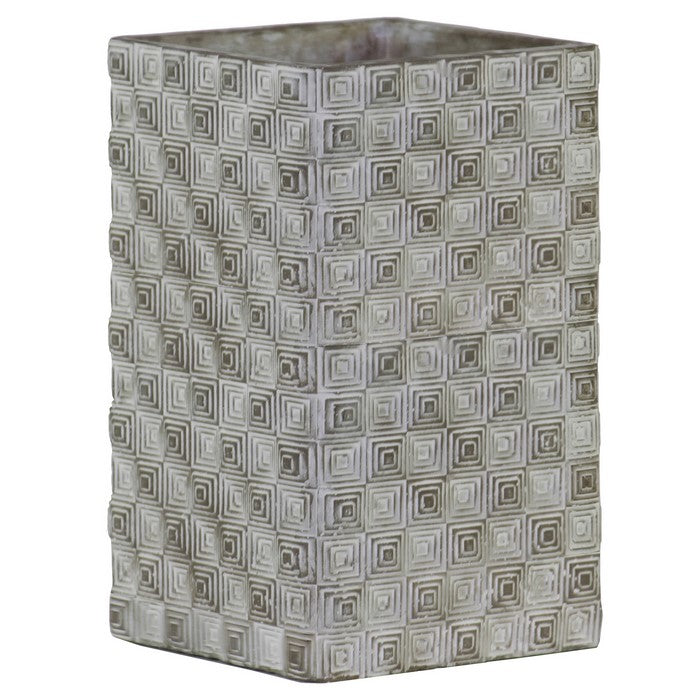 Square Cement Pot with Embossed Geometrical Rectangular Pattern, Large,Gray