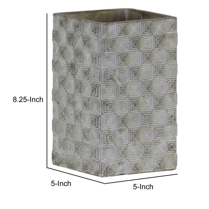 Cement Pot with Embossed Geometrical Rectangular Pattern, Small , Gray