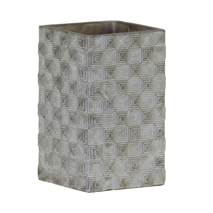 Cement Pot with Embossed Geometrical Rectangular Pattern, Small , Gray