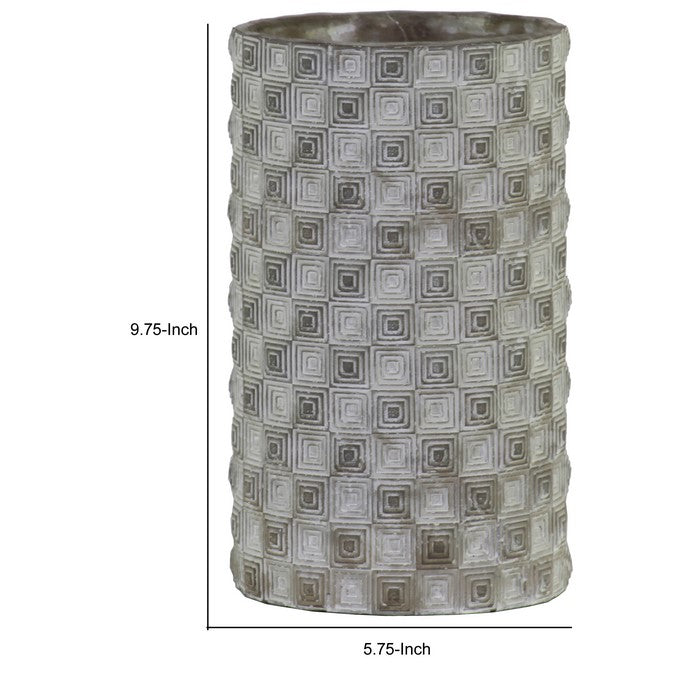 Cylindrical Cement Pot with Embossed Rectangular Shapes, Large, Gray