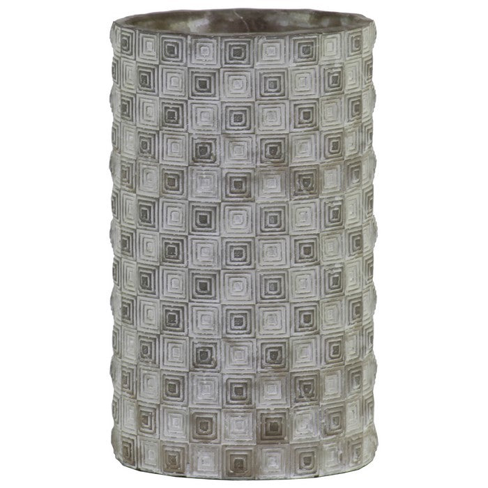 Cylindrical Cement Pot with Embossed Rectangular Shapes, Large, Gray