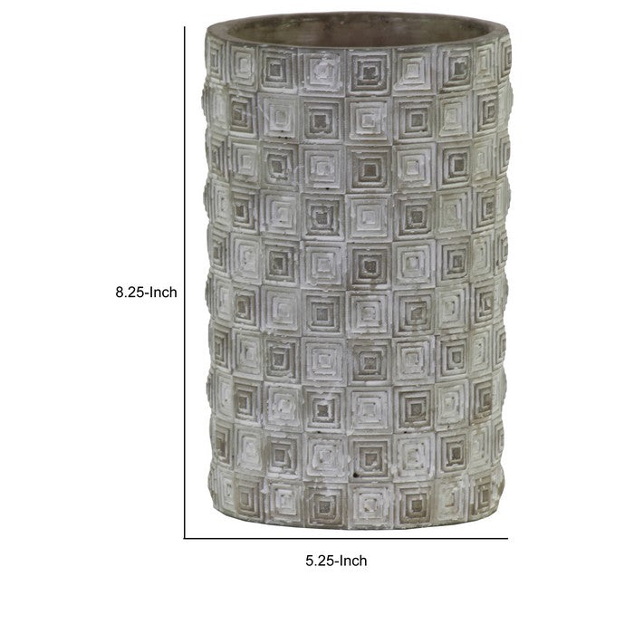Cylindrical Cement Pot with Embossed Rectangular Shapes, Small, Gray