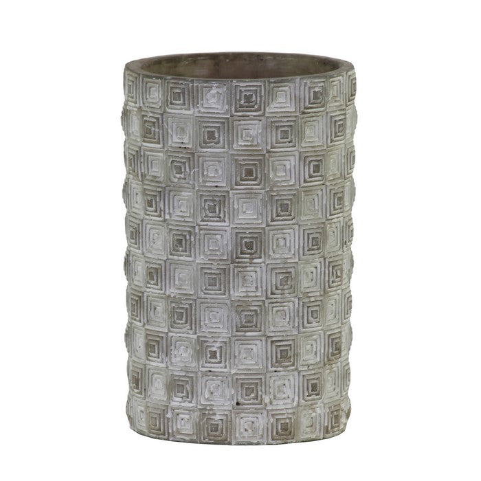 Cylindrical Cement Pot with Embossed Rectangular Shapes, Small, Gray