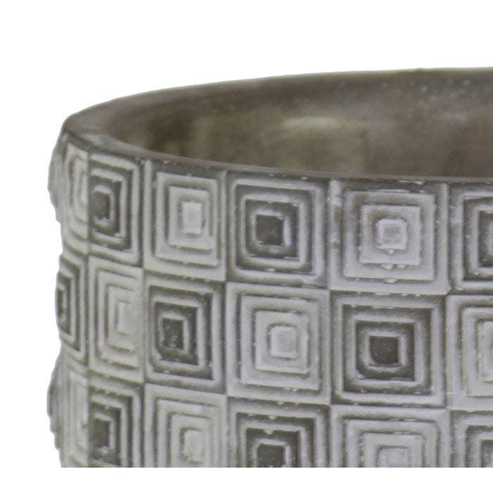 Circular Cement Pot with Embossed Geometrical Rectangular design, Gray