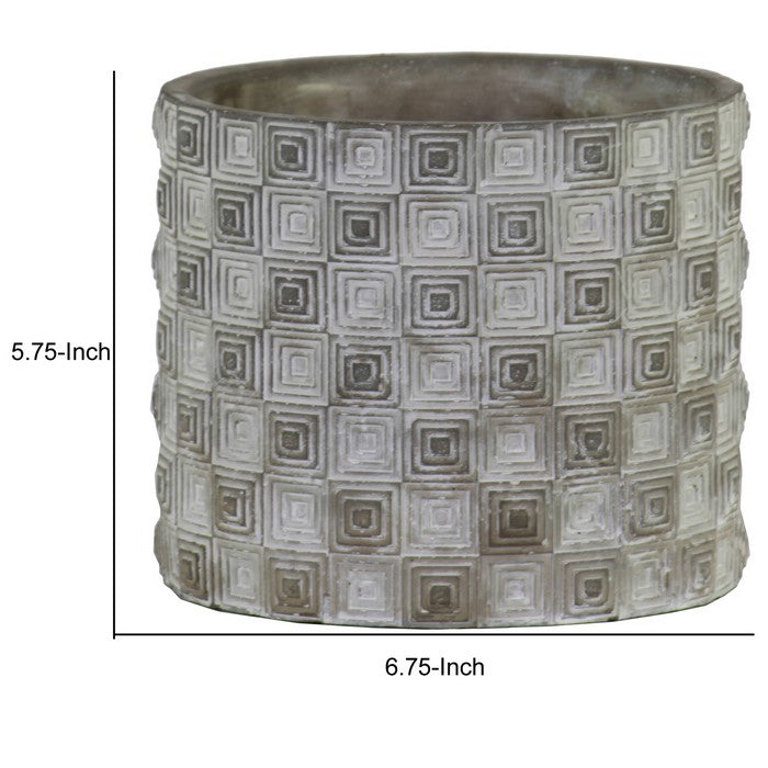 Circular Cement Pot with Embossed Geometrical Rectangular design, Gray