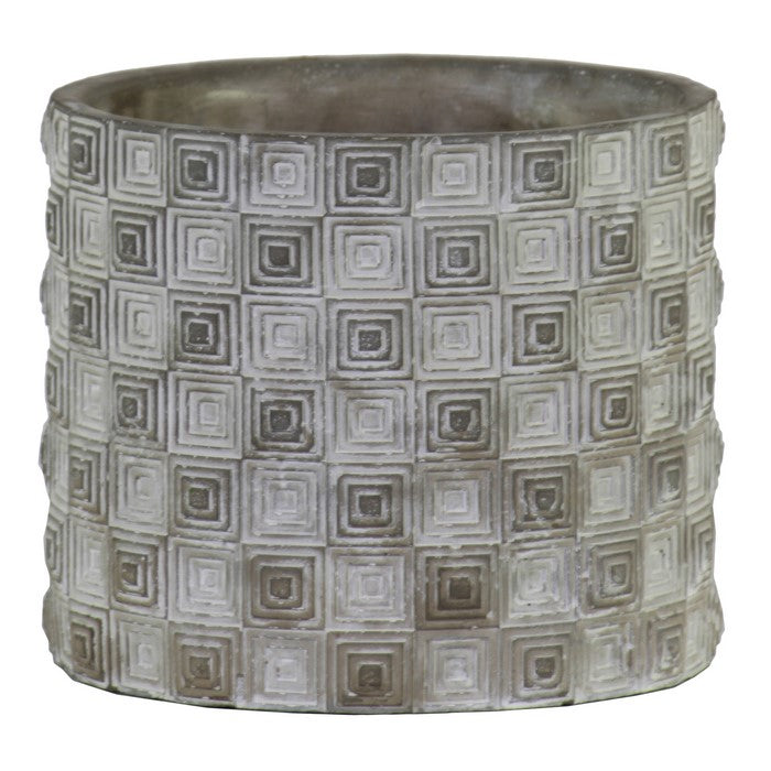 Circular Cement Pot with Embossed Geometrical Rectangular design, Gray