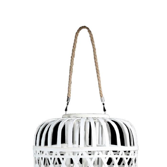 Wooden Lantern with Octagonal Cut Out and Rope Hanger, Large, White