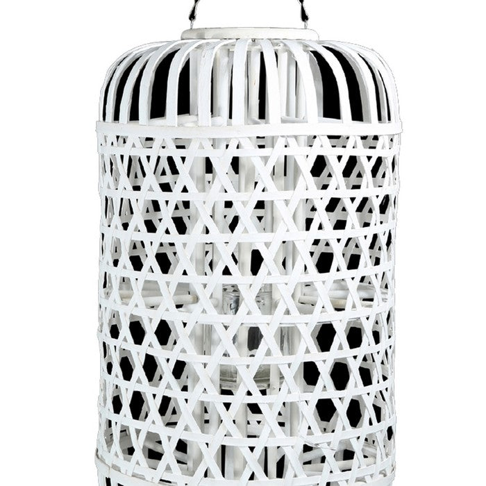 Wooden Lantern with Octagonal Cut Out and Rope Hanger, Large, White