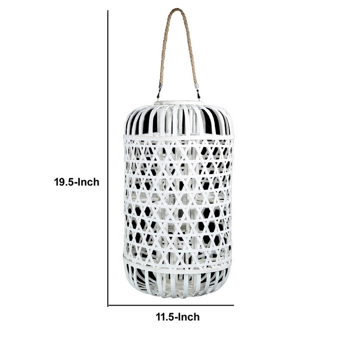 Wooden Lantern with Octagonal Cut Out and Rope Hanger, Large, White