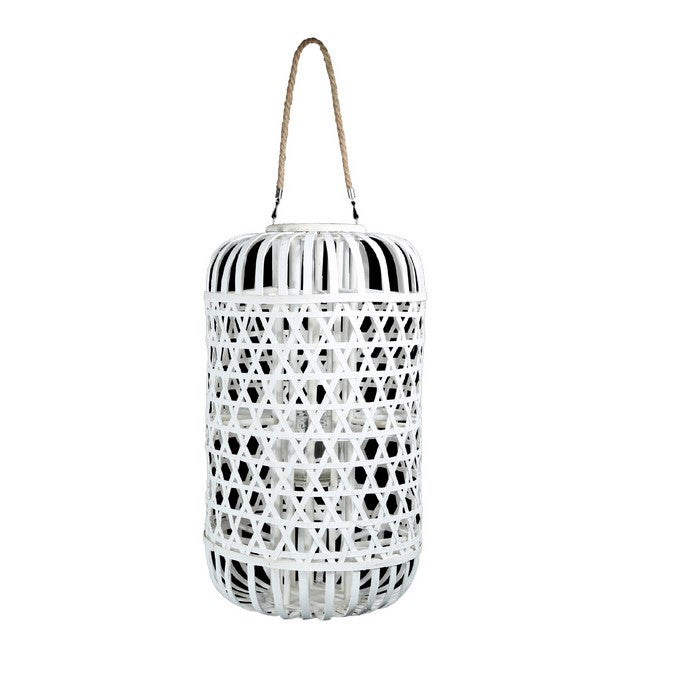 Wooden Lantern with Octagonal Cut Out and Rope Hanger, Large, White