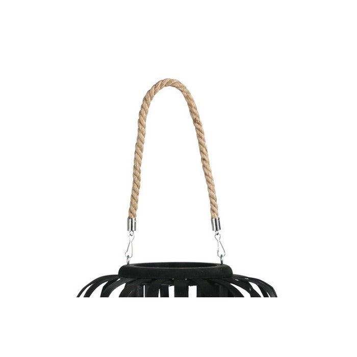 Wooden Lantern with Octagonal Cut Out and Rope Hanger, Large, Black