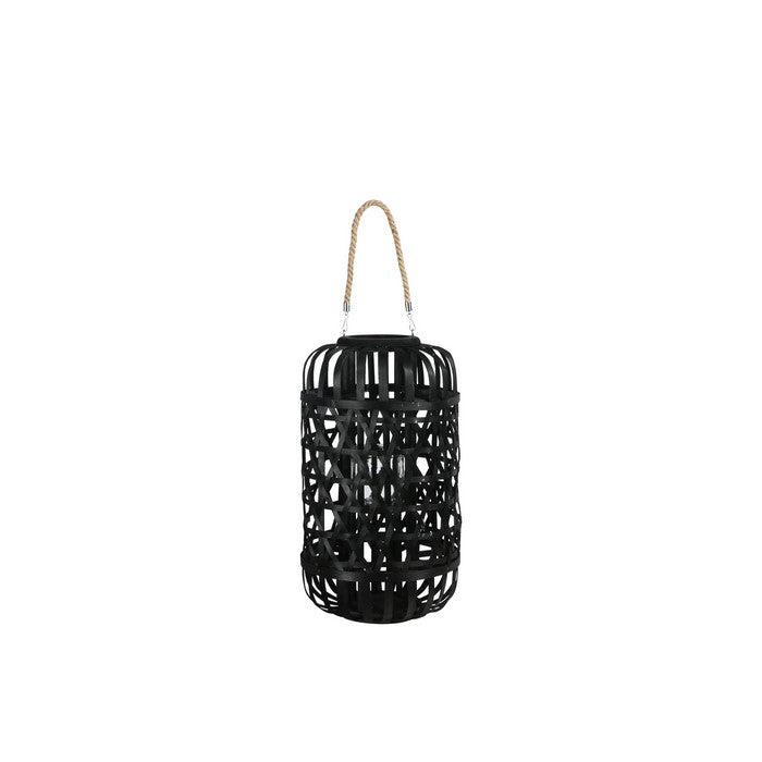 Wooden Lantern with Octagonal Cut Out and Rope Hanger, Large, Black